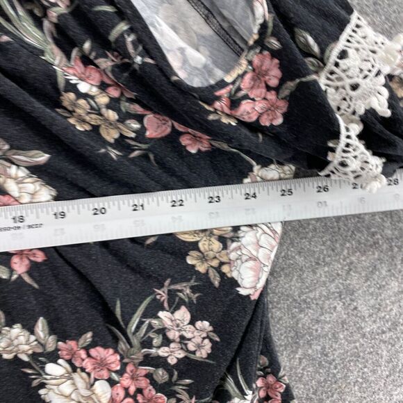 Always Indigo Blouse Women 3X Plus Black Floral V-Neck 3/4 Sleeve Tasseled Rayon - Picture 8 of 10